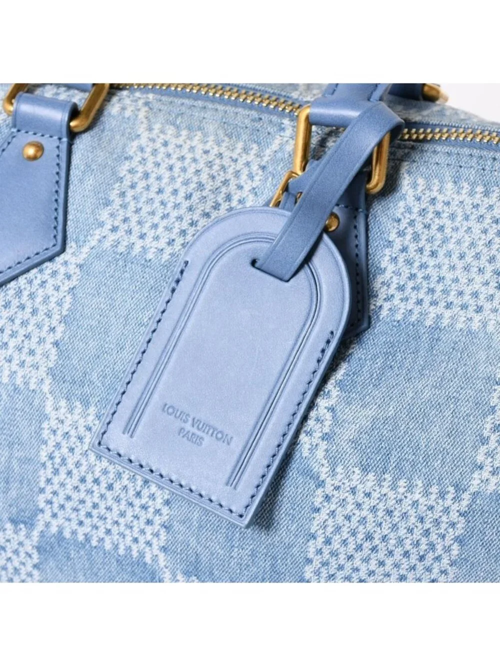 Louis Vuitton Speedy Bandouliere 30 Handbag Damier Denim 3D Cotton Blue Gold